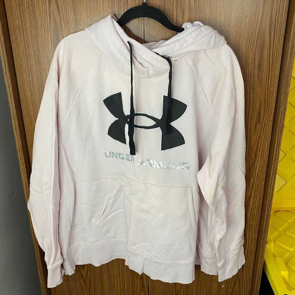 Under Armour Hoodie Women 2X Pink Silver Logo Rival Fleece Sweatshirt